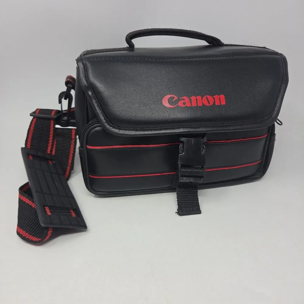 Vintage Official CANON Leather Case Black Red w/ Shoulder Strap 80s Footed